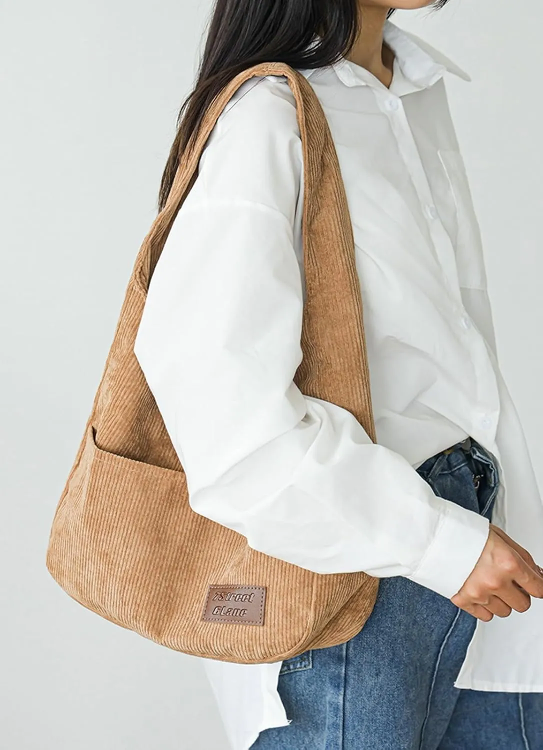 Corduroy Tote Bag Unisex Retro Handbag Multi Pocket Shoulder Work College Satchel Compartment Messenger Purse
