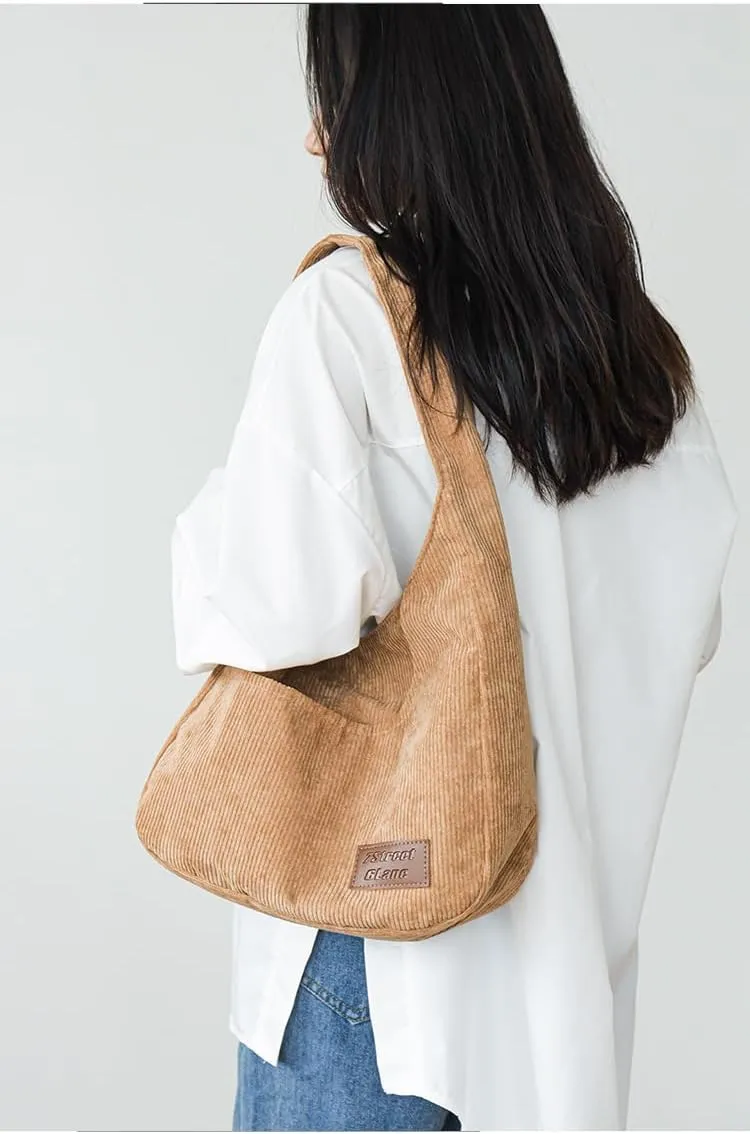 Corduroy Tote Bag Unisex Retro Handbag Multi Pocket Shoulder Work College Satchel Compartment Messenger Purse