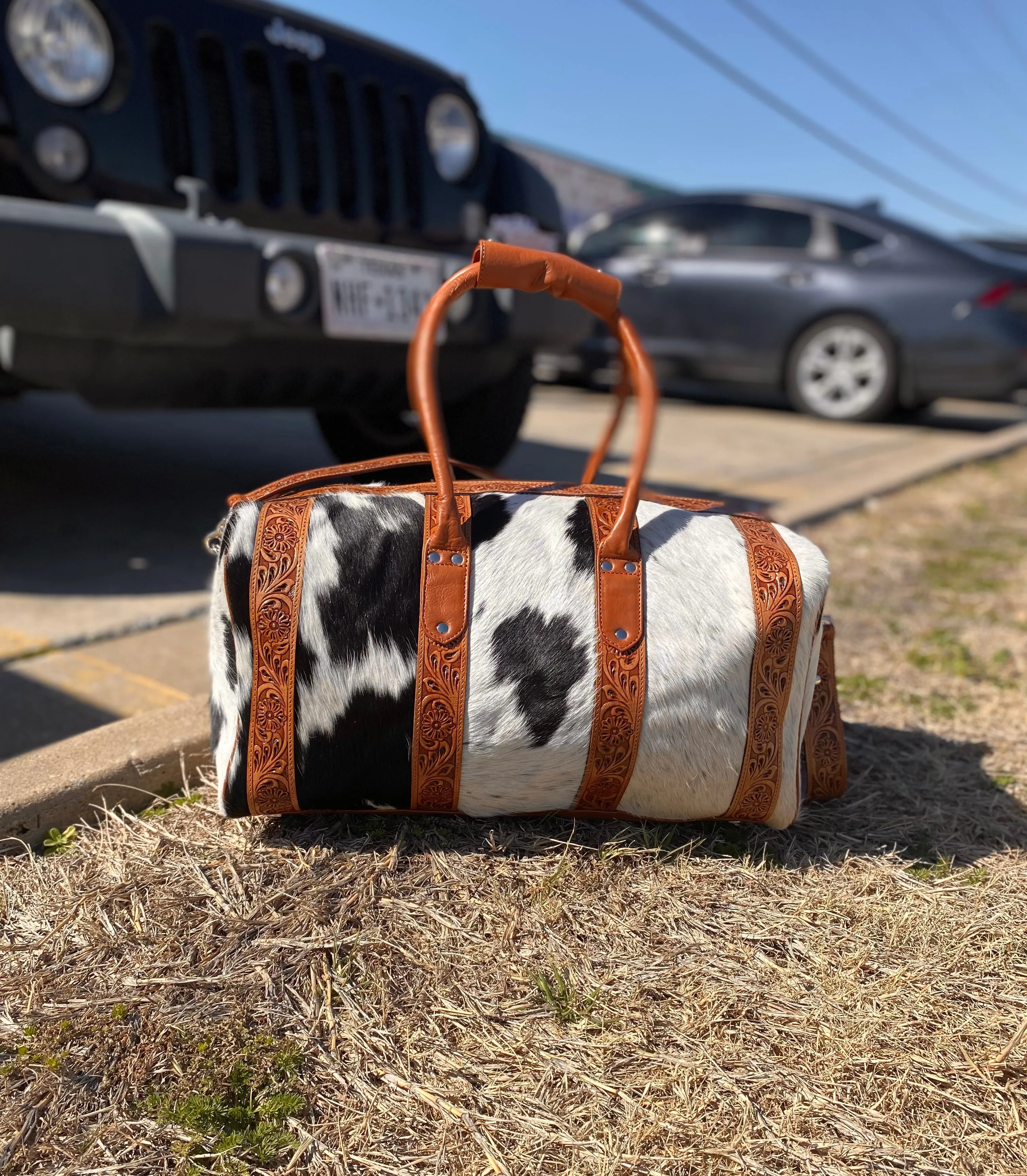 Cowhide Duffle Bag with Hand Tooling