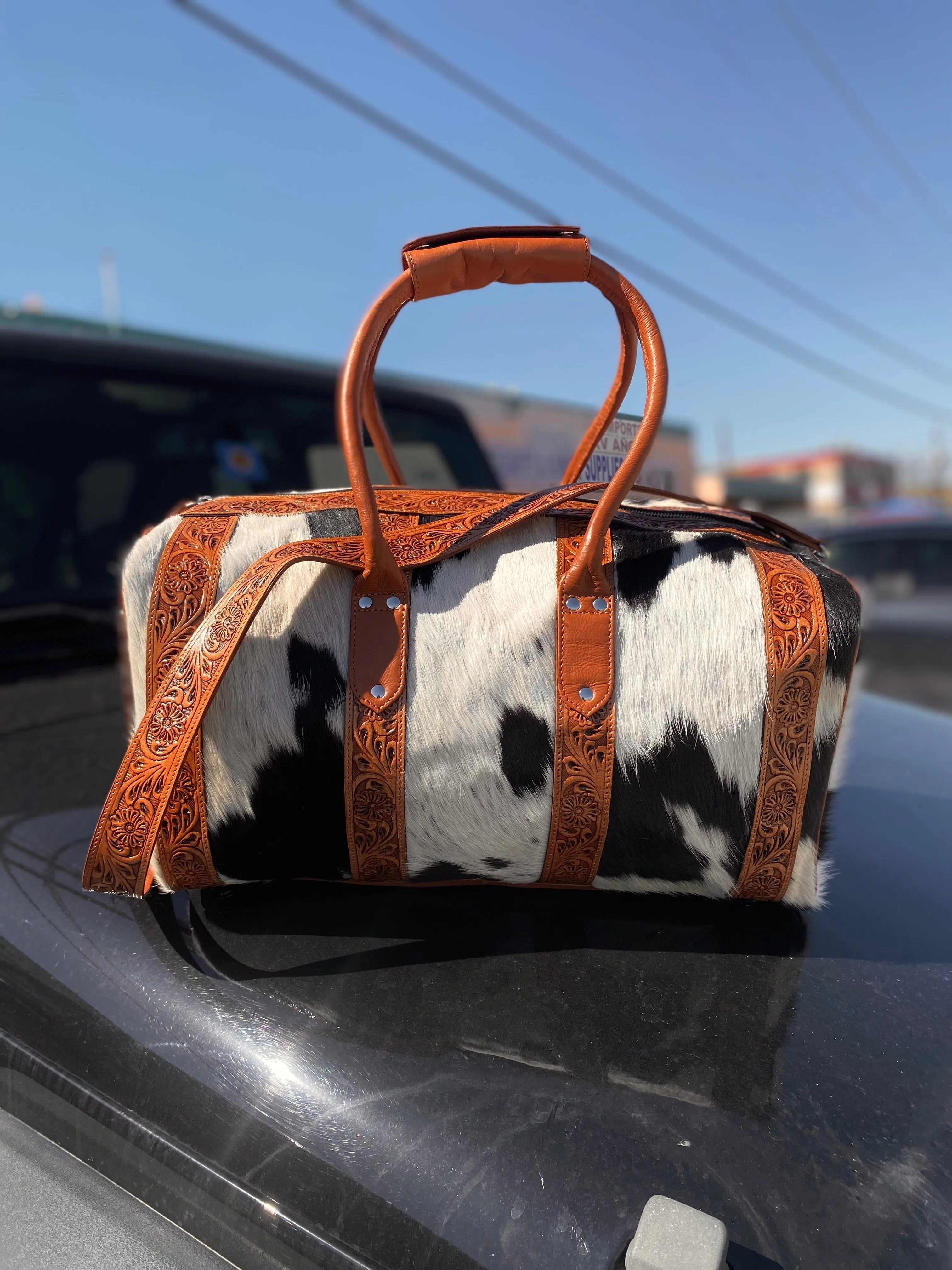Cowhide Duffle Bag with Hand Tooling