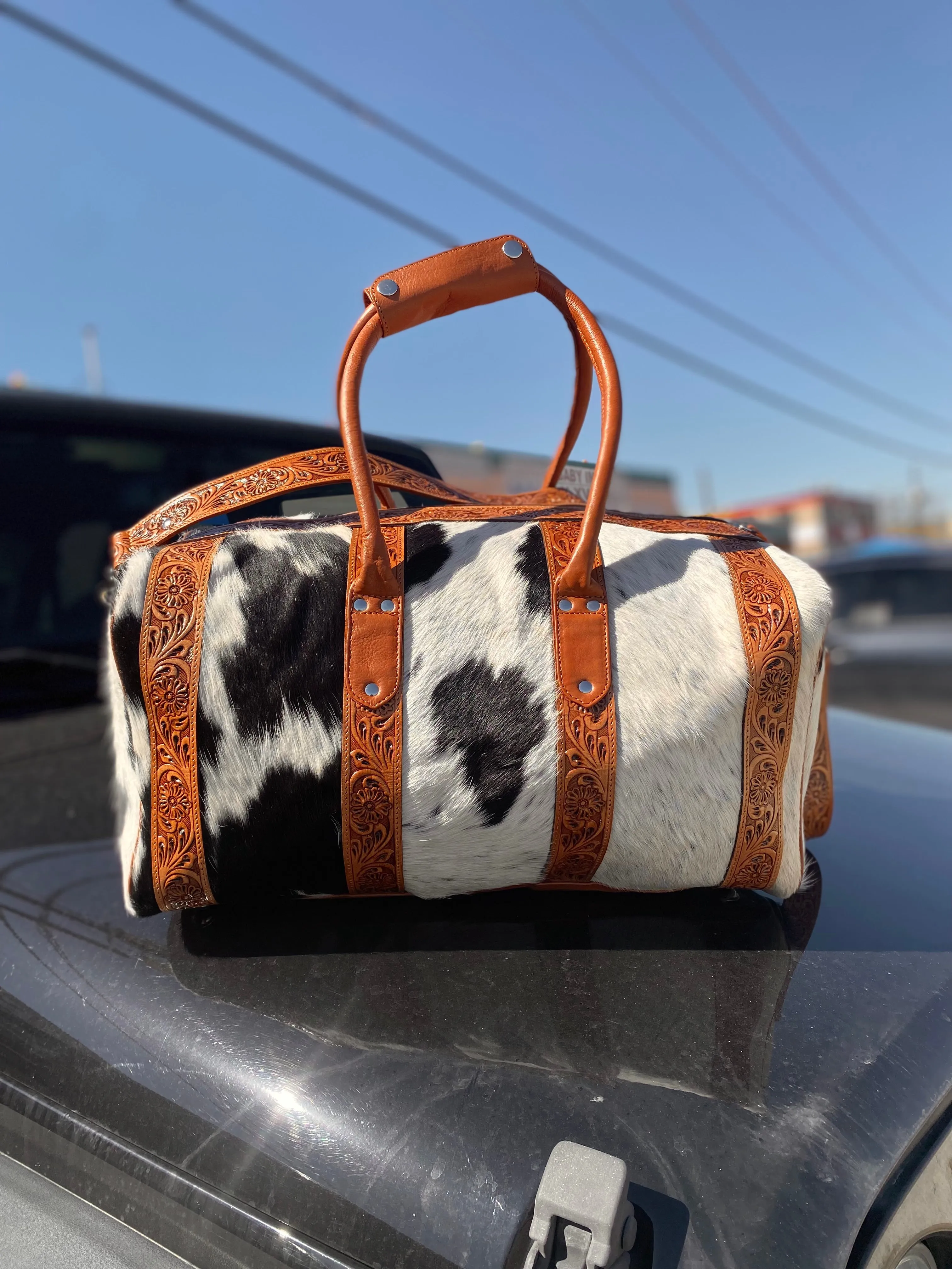 Cowhide Duffle Bag with Hand Tooling