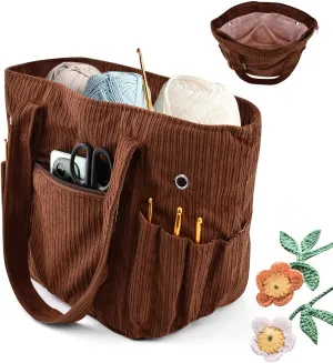 Crochet Bag and Tote, Corduroy Knitting Bag Yarn Storage Organizer, Portable Knitting Tote Basket Yarn Bags for Crochet Hooks, Crochet Accessories, Knitting Bag for Crochet Lovers(Brown)