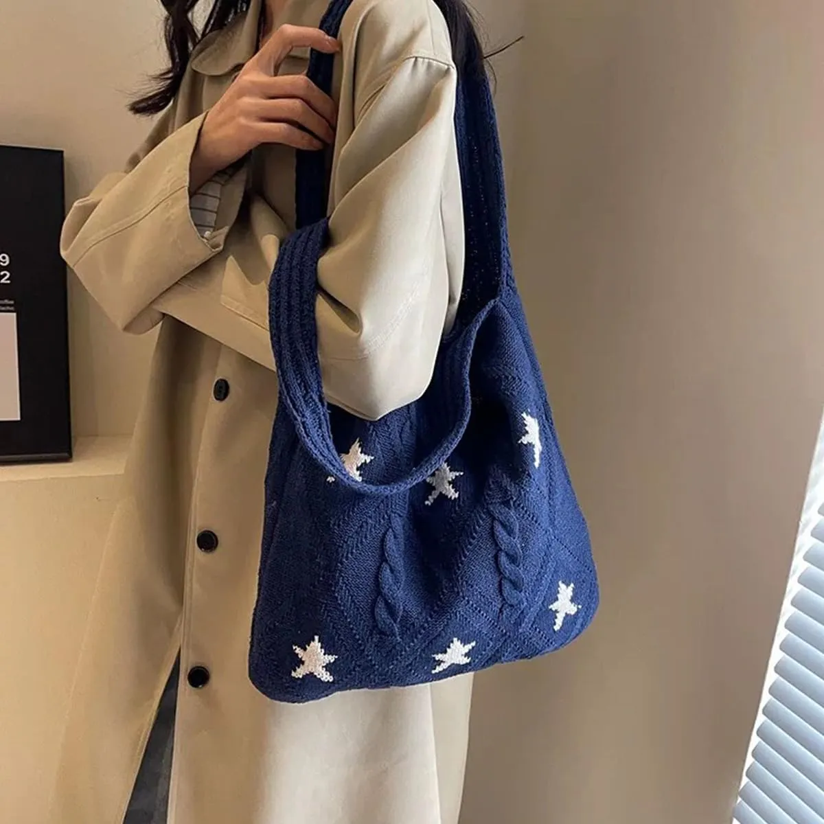 Crochet Tote Bag for Women - Star Pattern Large Capacity Knitted Handbag, Boho Woven Vocation Shoulder Bag
