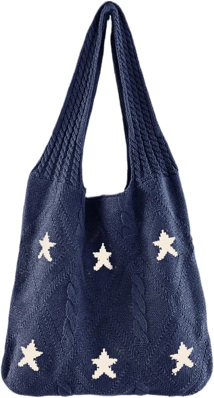 Crochet Tote Bag for Women - Star Pattern Large Capacity Knitted Handbag, Boho Woven Vocation Shoulder Bag