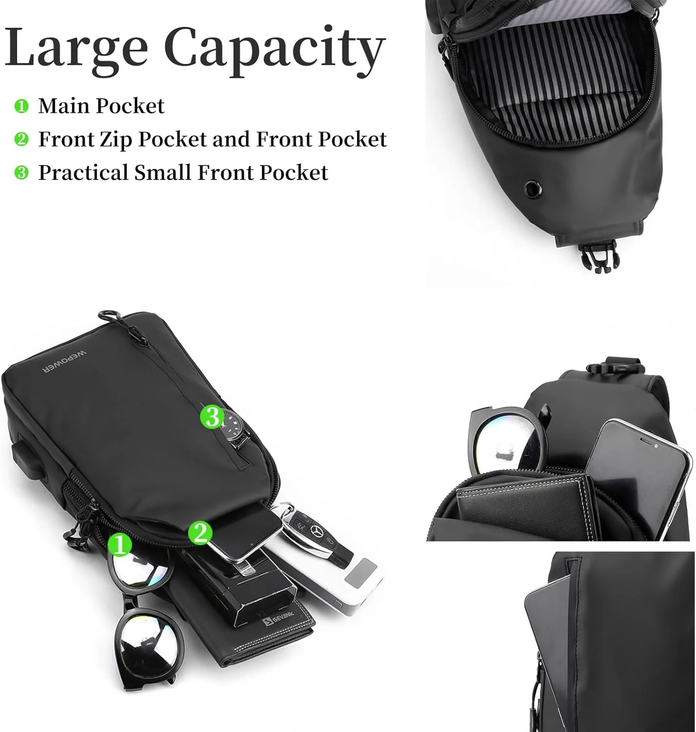 Crossbody Sling Backpack, Mens Cross Body Chest Bag Travel Hiking Daypack Adjustable Shoulder Strap Bags