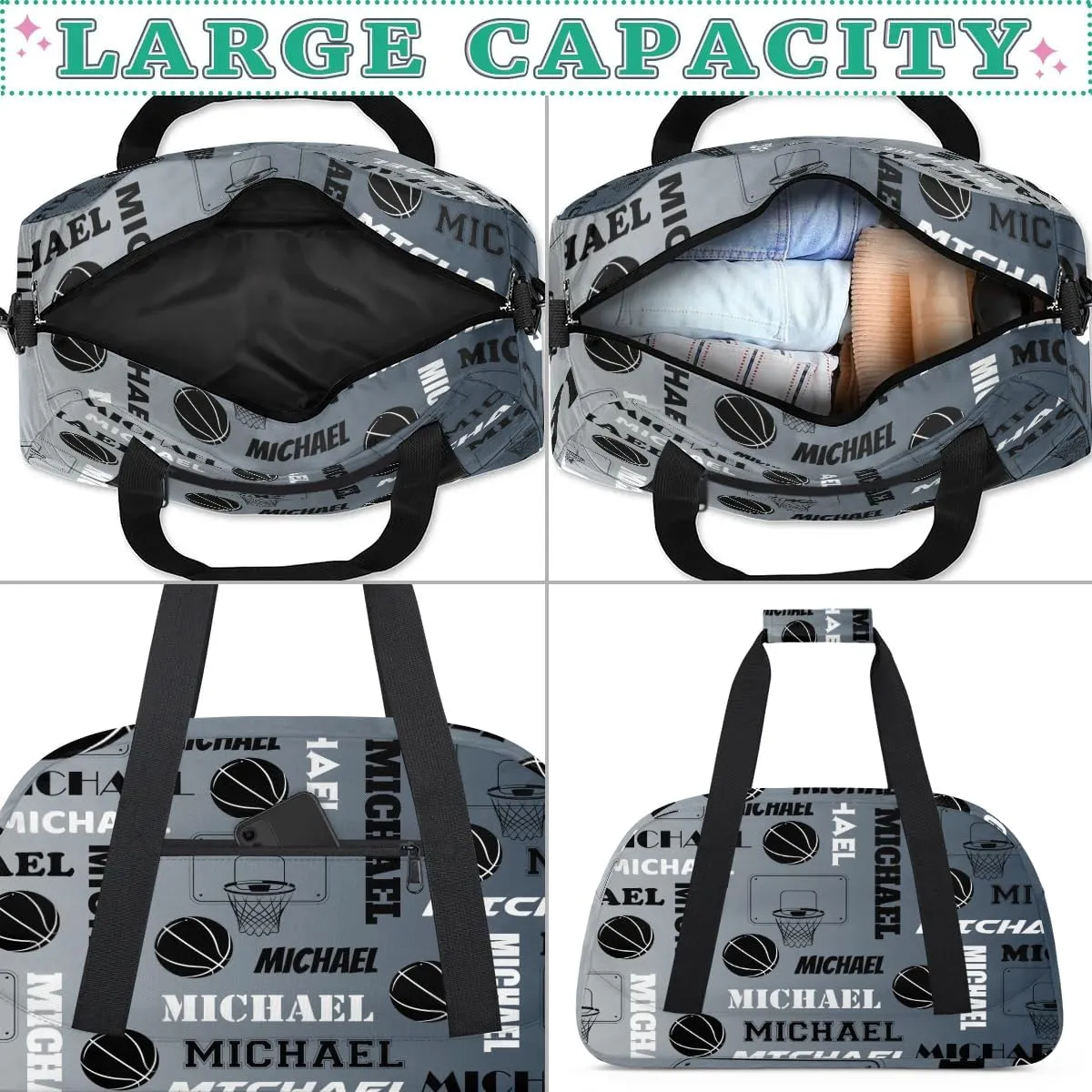 Custom Basketball Gym Duffel Bag for Women Men, Personalized Name Sport Bag Overnight Bags Customized Travel Weekender Bag, Black Grey