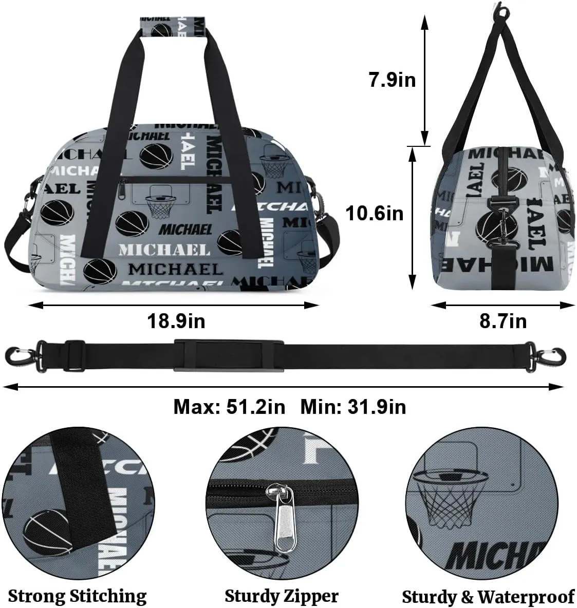 Custom Basketball Gym Duffel Bag for Women Men, Personalized Name Sport Bag Overnight Bags Customized Travel Weekender Bag, Black Grey