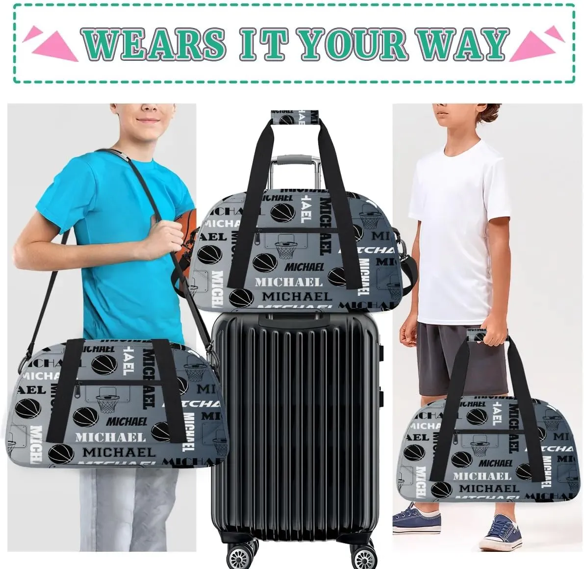 Custom Basketball Gym Duffel Bag for Women Men, Personalized Name Sport Bag Overnight Bags Customized Travel Weekender Bag, Black Grey