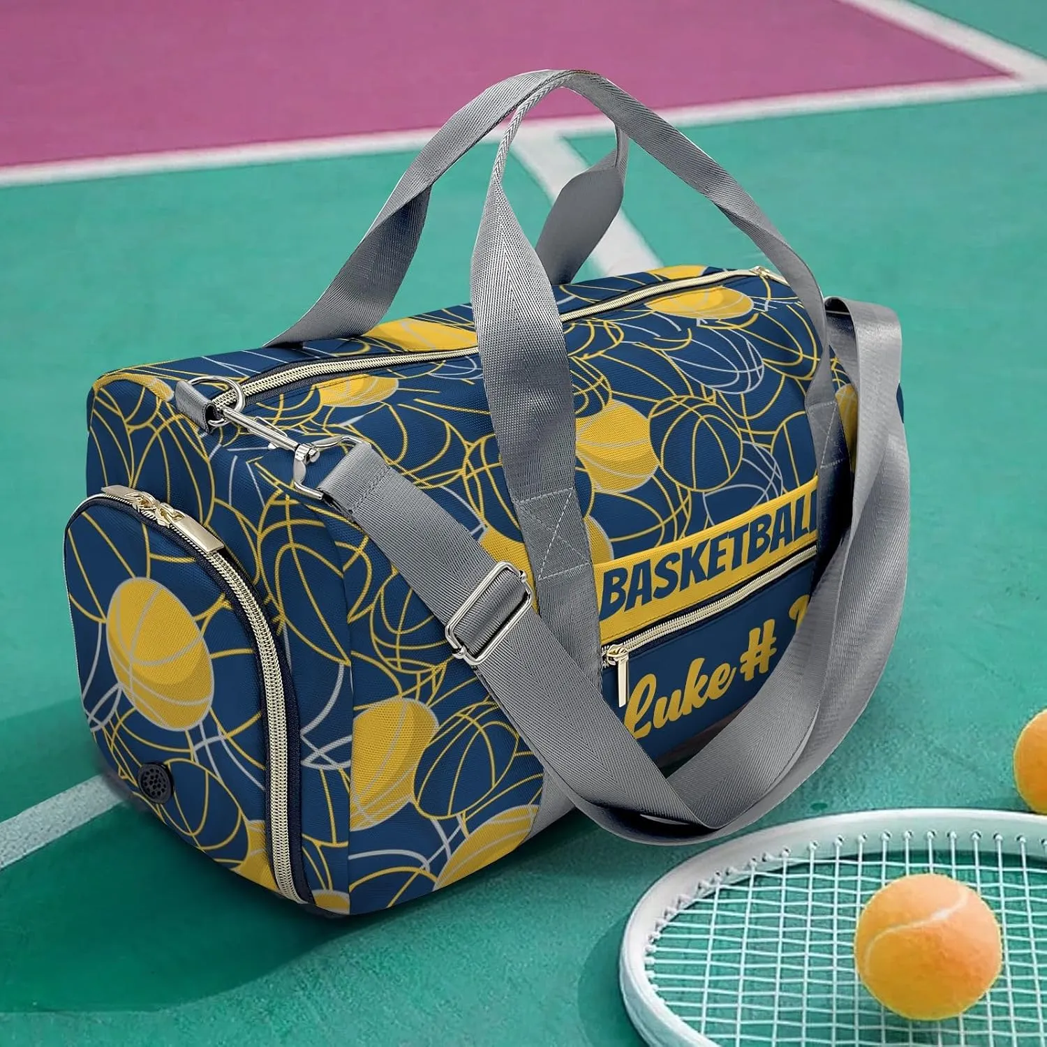 Custom Basketball Pattern Gold Navy Duffel Bag with Name Adjustable Shoulder Strap Travel Bag for Teens Men Women