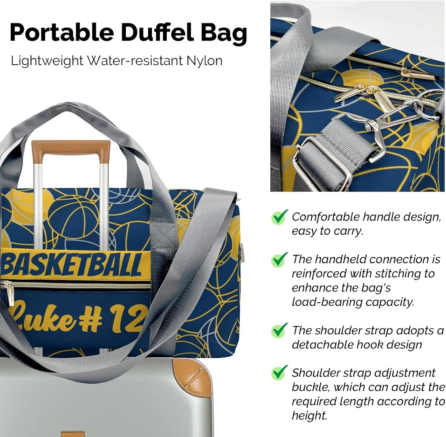 Custom Basketball Pattern Gold Navy Duffel Bag with Name Adjustable Shoulder Strap Travel Bag for Teens Men Women