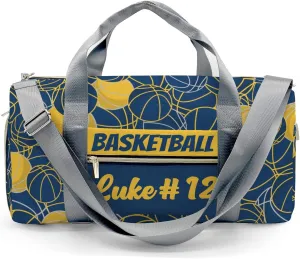 Custom Basketball Pattern Gold Navy Duffel Bag with Name Adjustable Shoulder Strap Travel Bag for Teens Men Women
