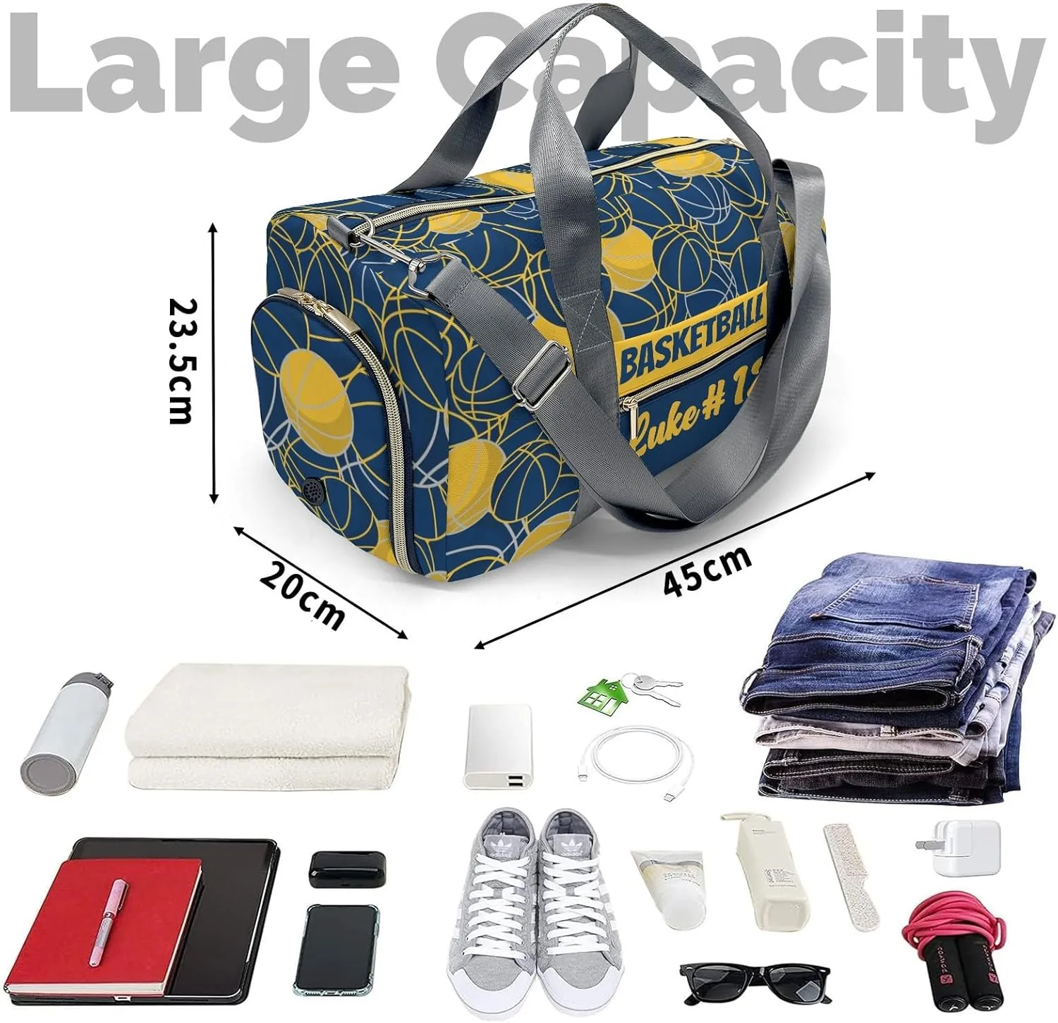 Custom Basketball Pattern Gold Navy Duffel Bag with Name Adjustable Shoulder Strap Travel Bag for Teens Men Women