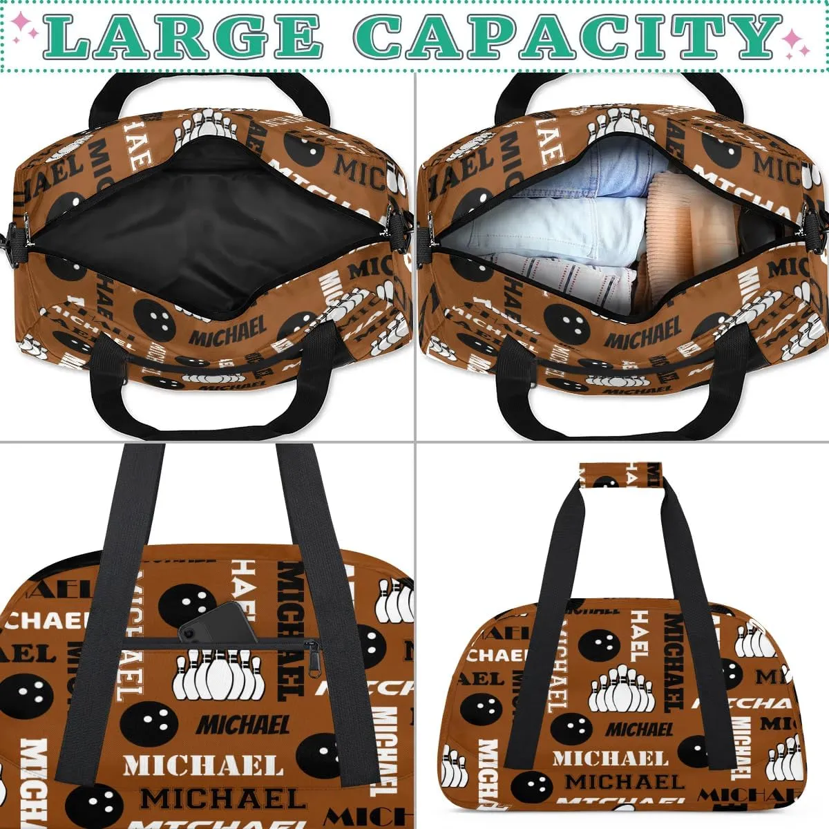 Custom Bowling Gym Bag Duffel Bag with Name, Personalized Sport Bag Overnight Bags Customized Travel Weekender Bag for Women Men, Brown