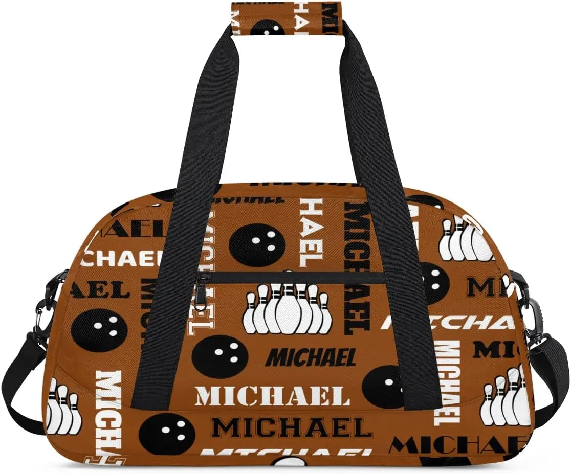 Custom Bowling Gym Bag Duffel Bag with Name, Personalized Sport Bag Overnight Bags Customized Travel Weekender Bag for Women Men, Brown