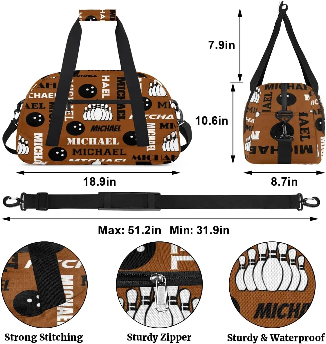 Custom Bowling Gym Bag Duffel Bag with Name, Personalized Sport Bag Overnight Bags Customized Travel Weekender Bag for Women Men, Brown