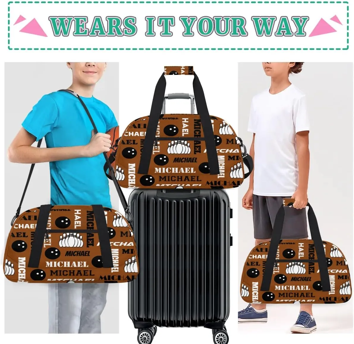 Custom Bowling Gym Bag Duffel Bag with Name, Personalized Sport Bag Overnight Bags Customized Travel Weekender Bag for Women Men, Brown