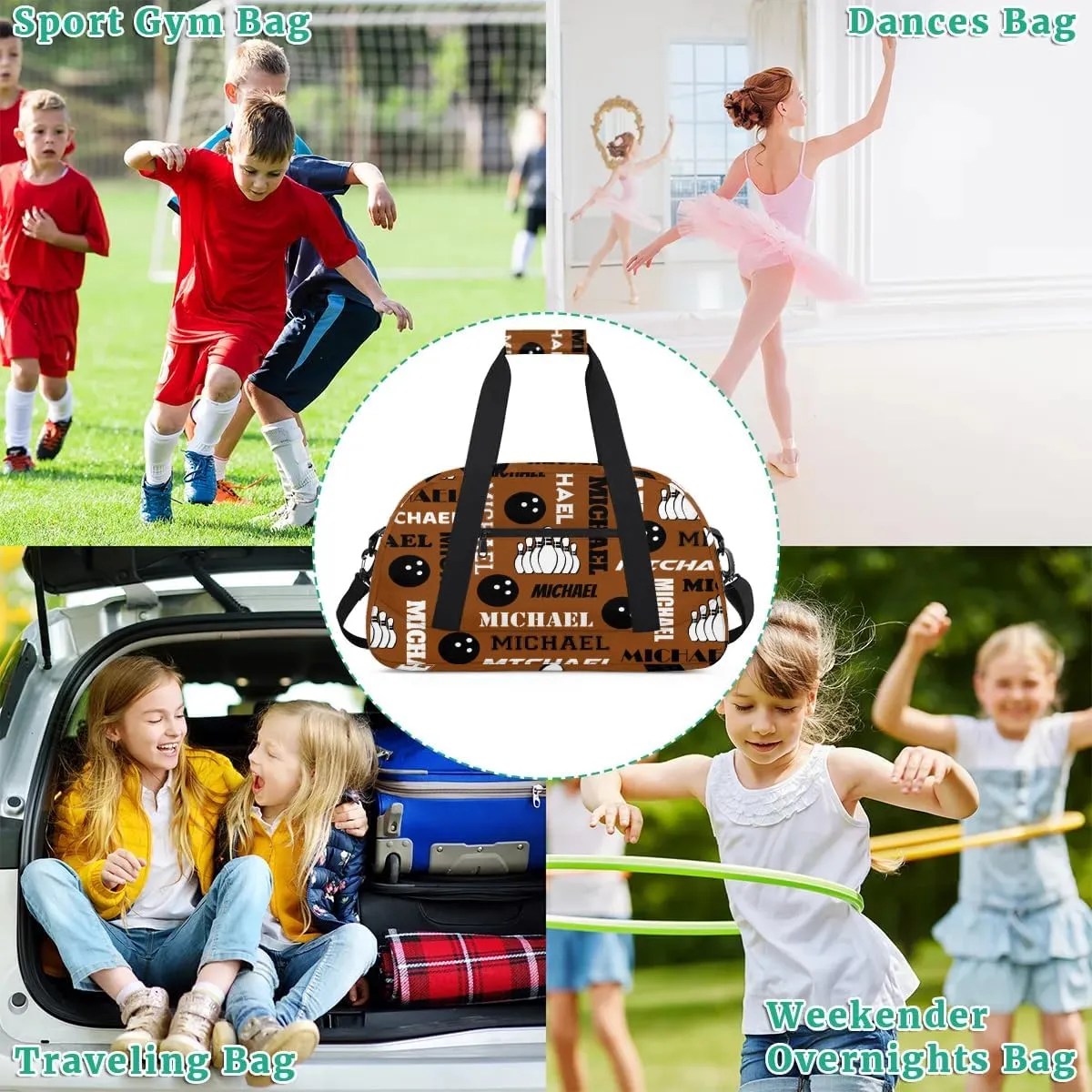 Custom Bowling Gym Bag Duffel Bag with Name, Personalized Sport Bag Overnight Bags Customized Travel Weekender Bag for Women Men, Brown