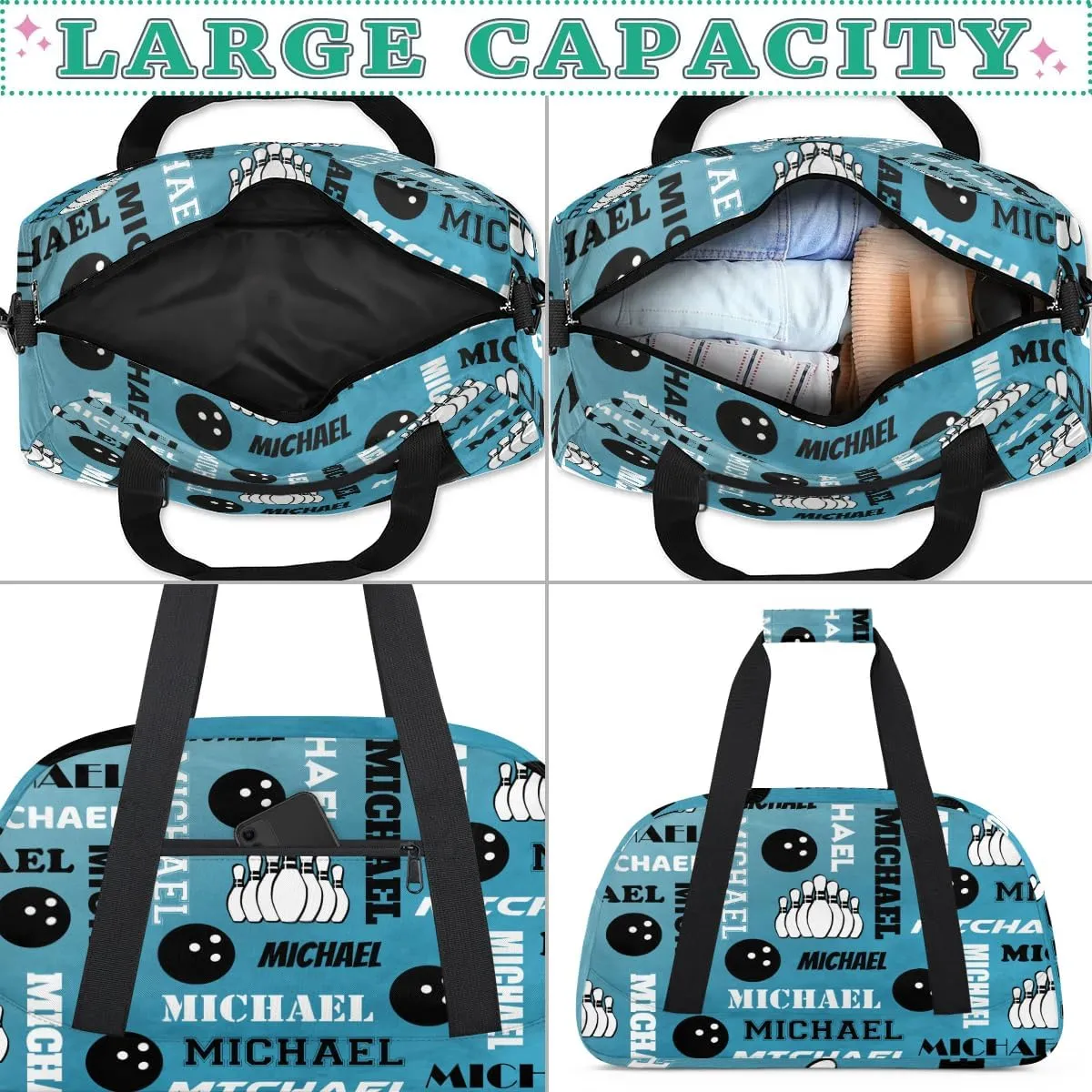Custom Bowling Gym Bag Duffel Bag with Name, Personalized Sport Bag Overnight Bags Customized Travel Weekender Bag for Women Men, Dark Blue