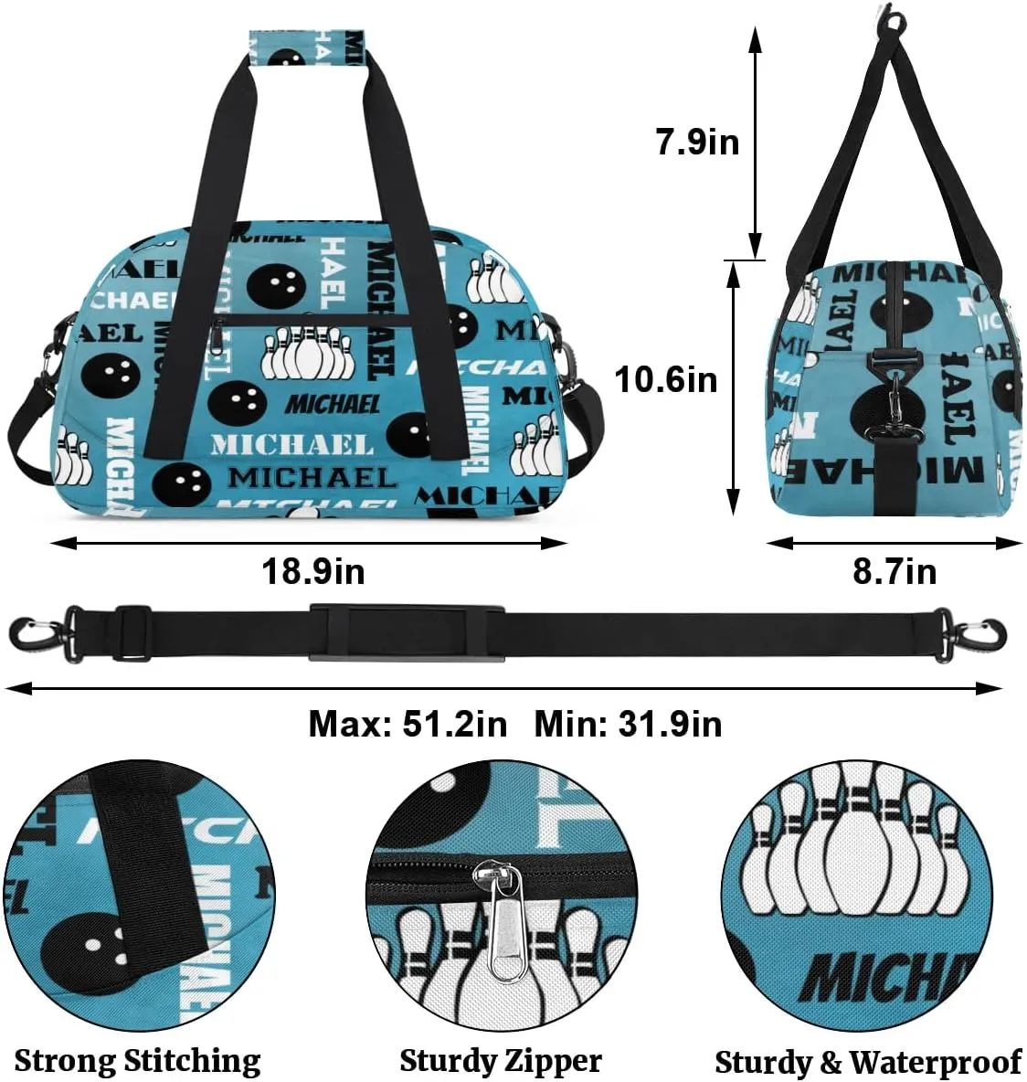 Custom Bowling Gym Bag Duffel Bag with Name, Personalized Sport Bag Overnight Bags Customized Travel Weekender Bag for Women Men, Dark Blue