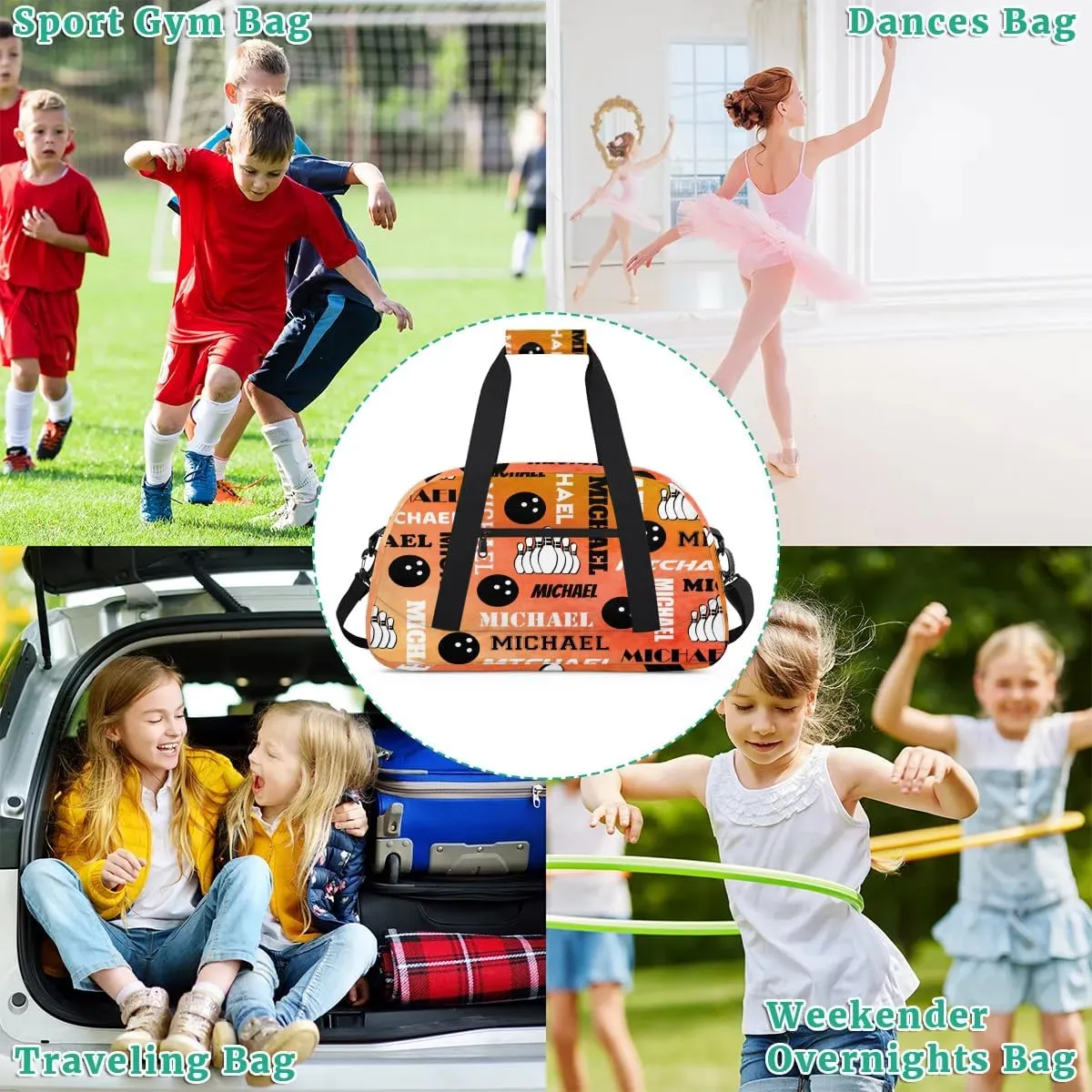 Custom Bowling Gym Bag Duffel Bag with Name, Personalized Sport Bag Overnight Bags Customized Travel Weekender Bag for Women Men, Dark Orange