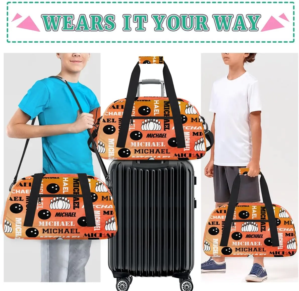 Custom Bowling Gym Bag Duffel Bag with Name, Personalized Sport Bag Overnight Bags Customized Travel Weekender Bag for Women Men, Dark Orange