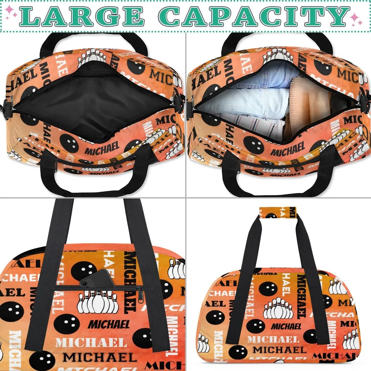 Custom Bowling Gym Bag Duffel Bag with Name, Personalized Sport Bag Overnight Bags Customized Travel Weekender Bag for Women Men, Dark Orange