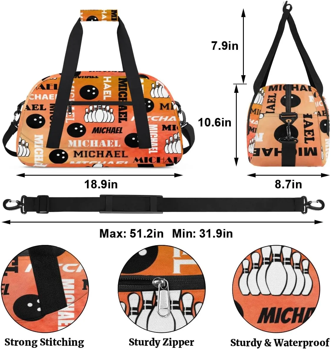 Custom Bowling Gym Bag Duffel Bag with Name, Personalized Sport Bag Overnight Bags Customized Travel Weekender Bag for Women Men, Dark Orange