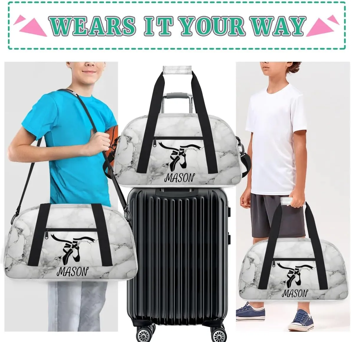 Custom Dance Bag Personalized Duffel Dance Bag Gymnastics Sport Bag Waterproof Carry on Travel Bag Overnight Weekender Bags, Black and White Marble