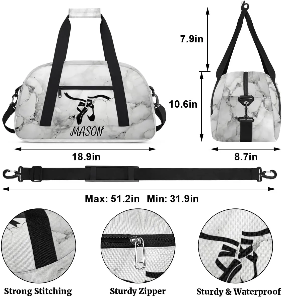 Custom Dance Bag Personalized Duffel Dance Bag Gymnastics Sport Bag Waterproof Carry on Travel Bag Overnight Weekender Bags, Black and White Marble
