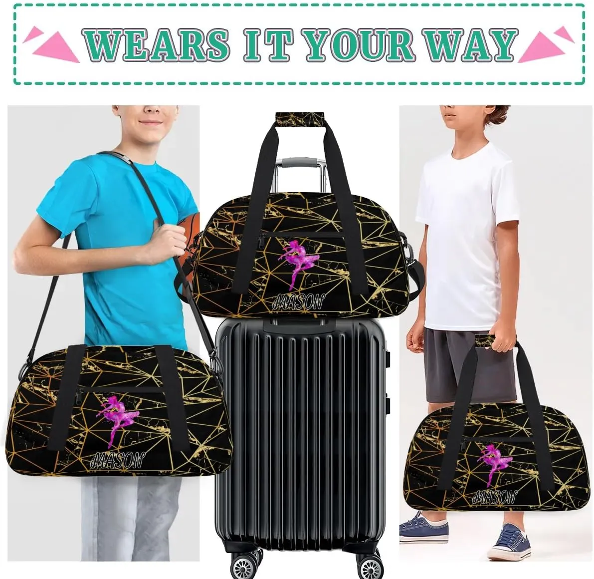 Custom Dance Bag Personalized Duffel Dance Bag Gymnastics Sport Bag Waterproof Carry on Travel Bag Overnight Weekender Bags, Triangle