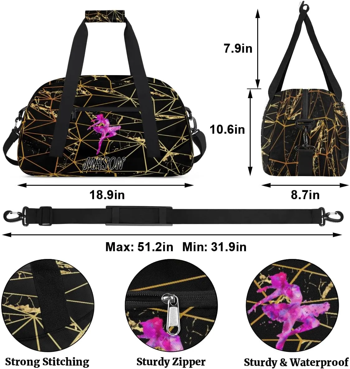 Custom Dance Bag Personalized Duffel Dance Bag Gymnastics Sport Bag Waterproof Carry on Travel Bag Overnight Weekender Bags, Triangle