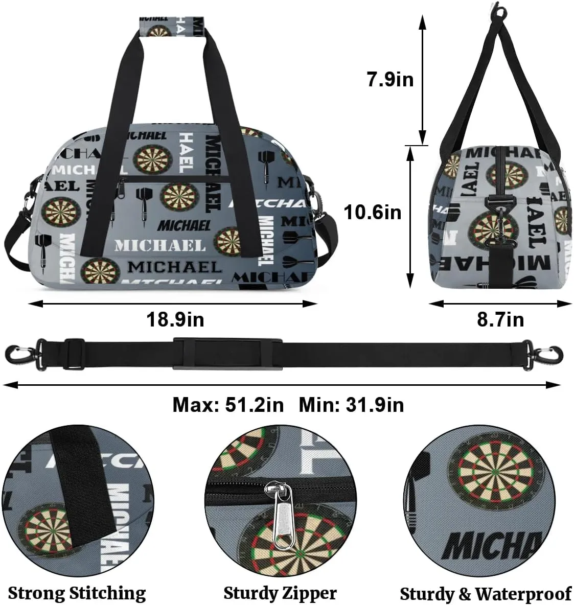 Custom Darts Gym Duffel Bag with Name, Personalized Name Sport Bag Overnight Bags Customized Travel Weekender Bag for Women Men, Black Grey