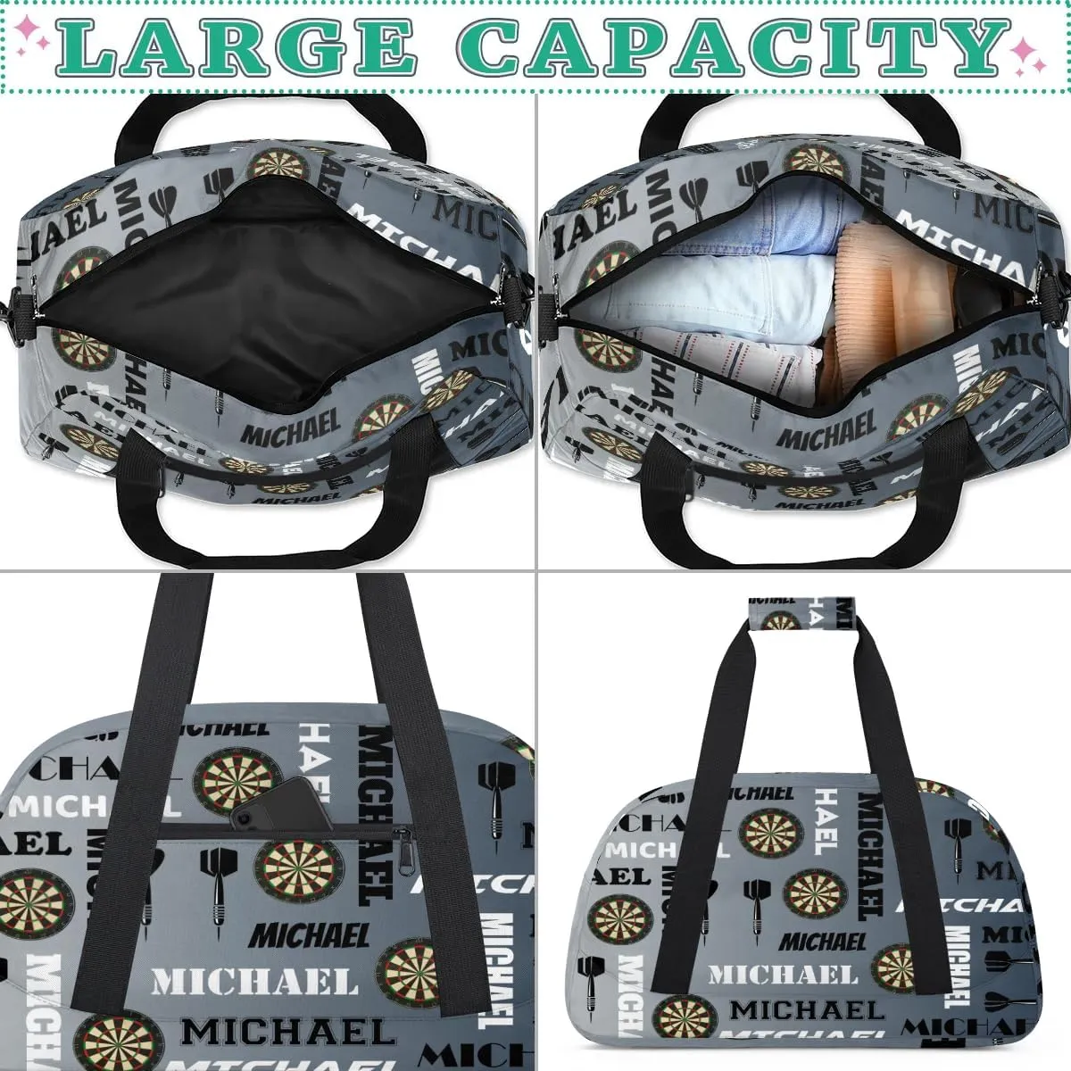 Custom Darts Gym Duffel Bag with Name, Personalized Name Sport Bag Overnight Bags Customized Travel Weekender Bag for Women Men, Black Grey