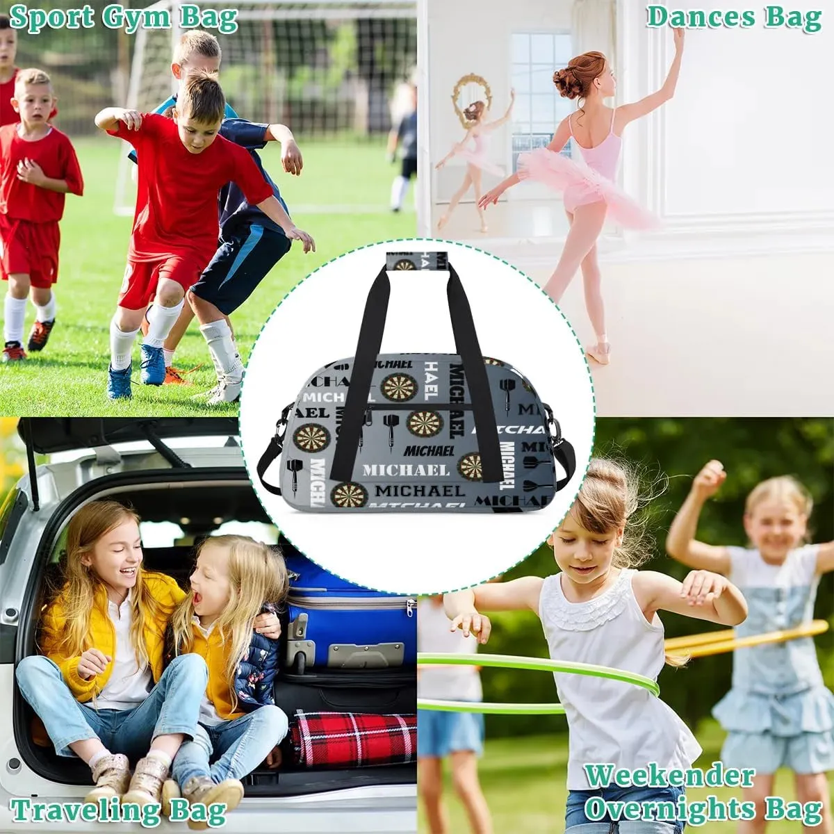 Custom Darts Gym Duffel Bag with Name, Personalized Name Sport Bag Overnight Bags Customized Travel Weekender Bag for Women Men, Black Grey