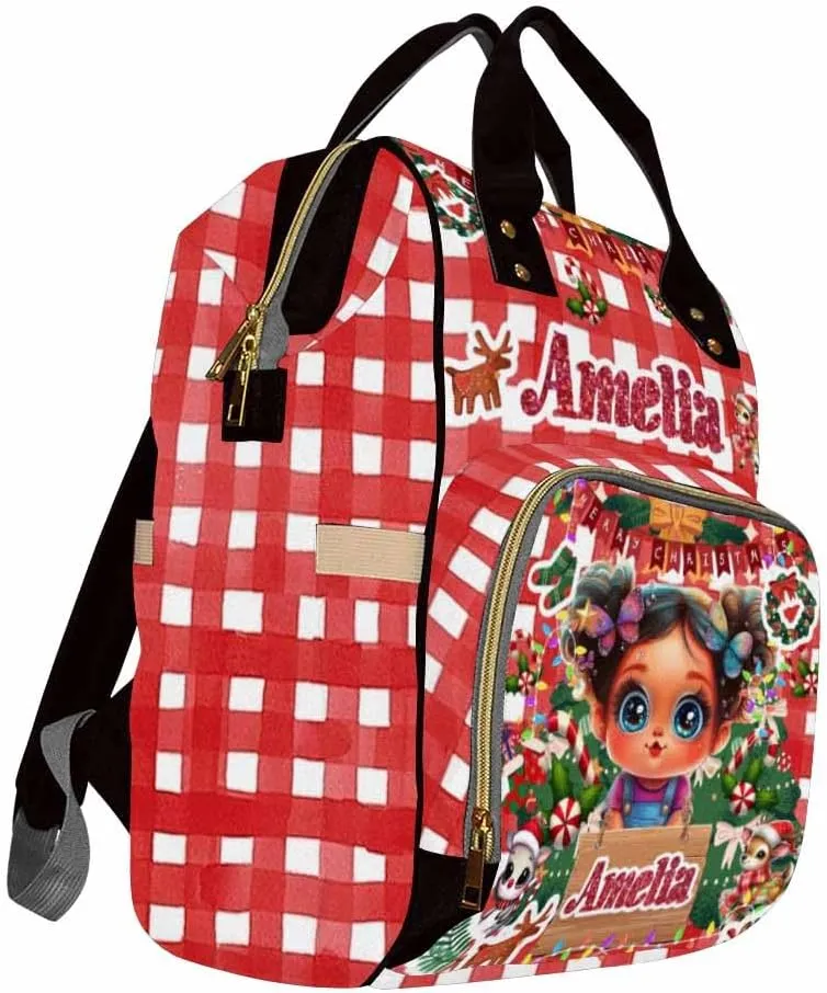 Custom Diaper Bag with Name, Christmas Personalized School Bag Girl Pattern, Monogram Nappy Backpack with Thermal Pockets for Adults Kids, Large Capacity Waterproof Diaper Bag Xmas Gift