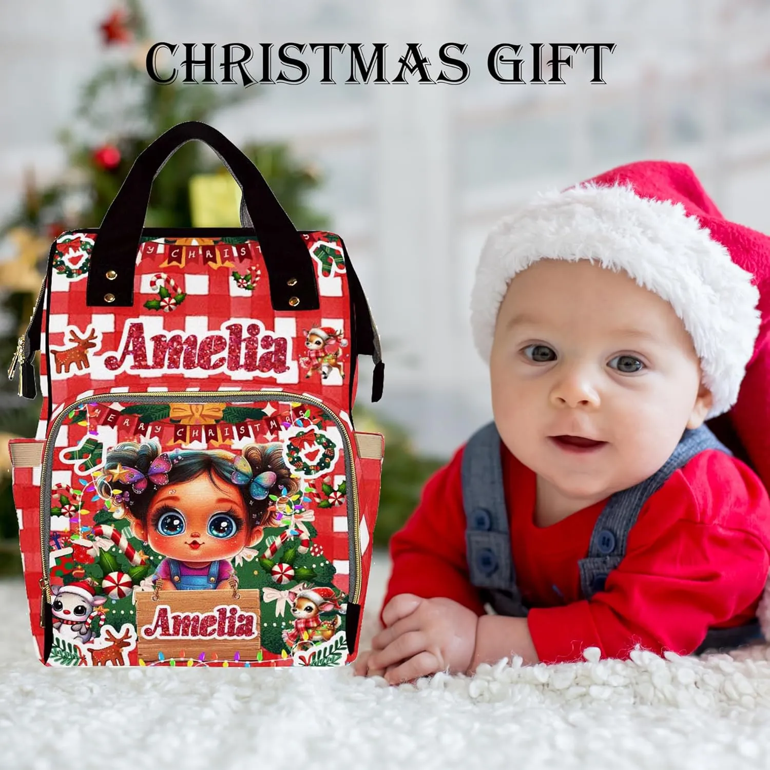 Custom Diaper Bag with Name, Christmas Personalized School Bag Girl Pattern, Monogram Nappy Backpack with Thermal Pockets for Adults Kids, Large Capacity Waterproof Diaper Bag Xmas Gift