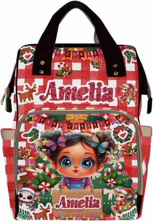 Custom Diaper Bag with Name, Christmas Personalized School Bag Girl Pattern, Monogram Nappy Backpack with Thermal Pockets for Adults Kids, Large Capacity Waterproof Diaper Bag Xmas Gift