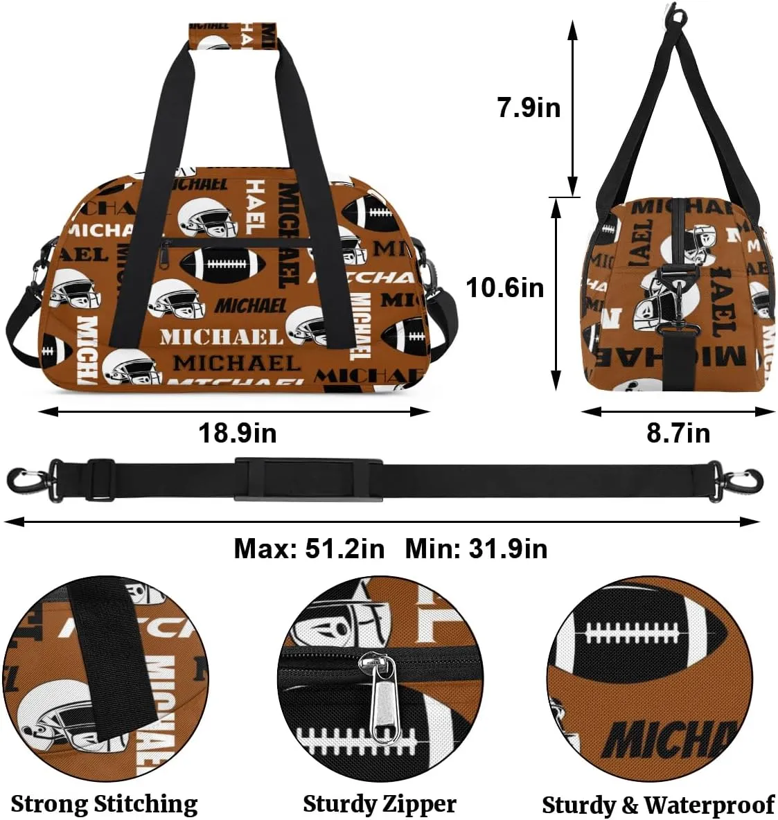 Custom Football Gym Bag Duffel Bag for Women Men, Personalized Sport Bag Overnight Bags Custom Name Travel Weekender Bag, Brown