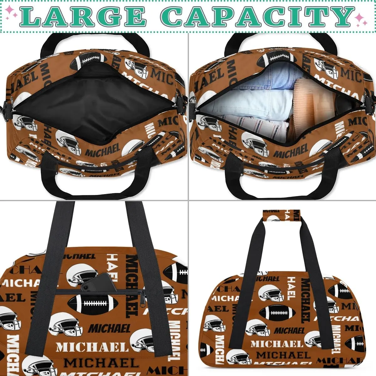 Custom Football Gym Bag Duffel Bag for Women Men, Personalized Sport Bag Overnight Bags Custom Name Travel Weekender Bag, Brown