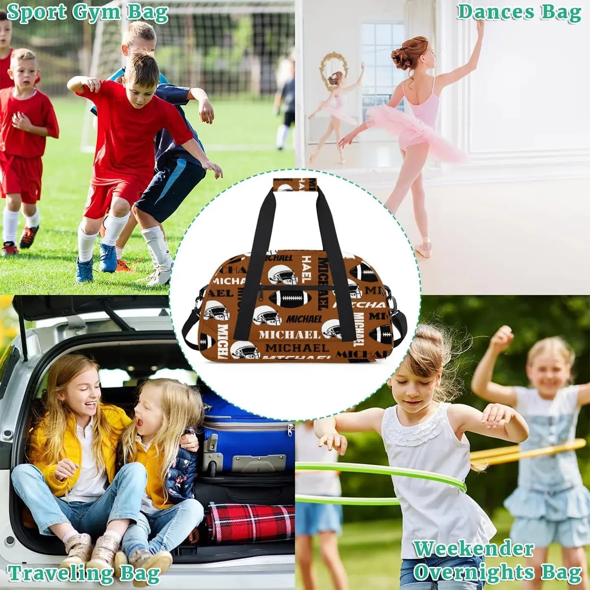 Custom Football Gym Bag Duffel Bag for Women Men, Personalized Sport Bag Overnight Bags Custom Name Travel Weekender Bag, Brown