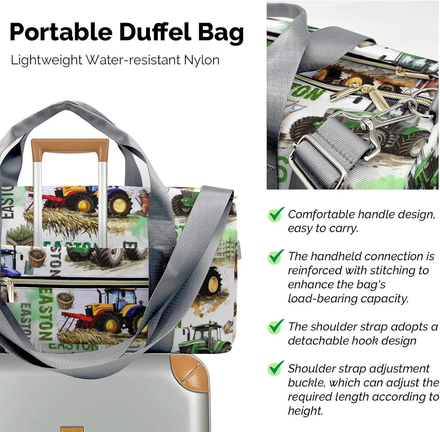 Custom Gift Farm Vehicle Duffel Bag for Travel Weekender Bag, Farm Garden Overnight Bag with Shoe Compartment Carry On Bag for Business Trips Sports