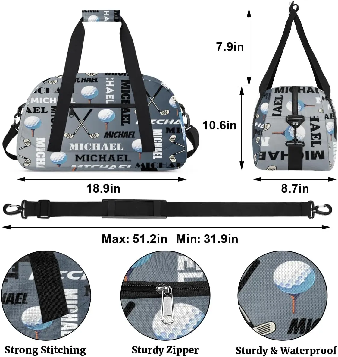 Custom Golf Gym Bag Duffel Bag for Women Men, Personalized Name Sport Bag Overnight Bags Customized Travel Weekender Bag, Black Grey