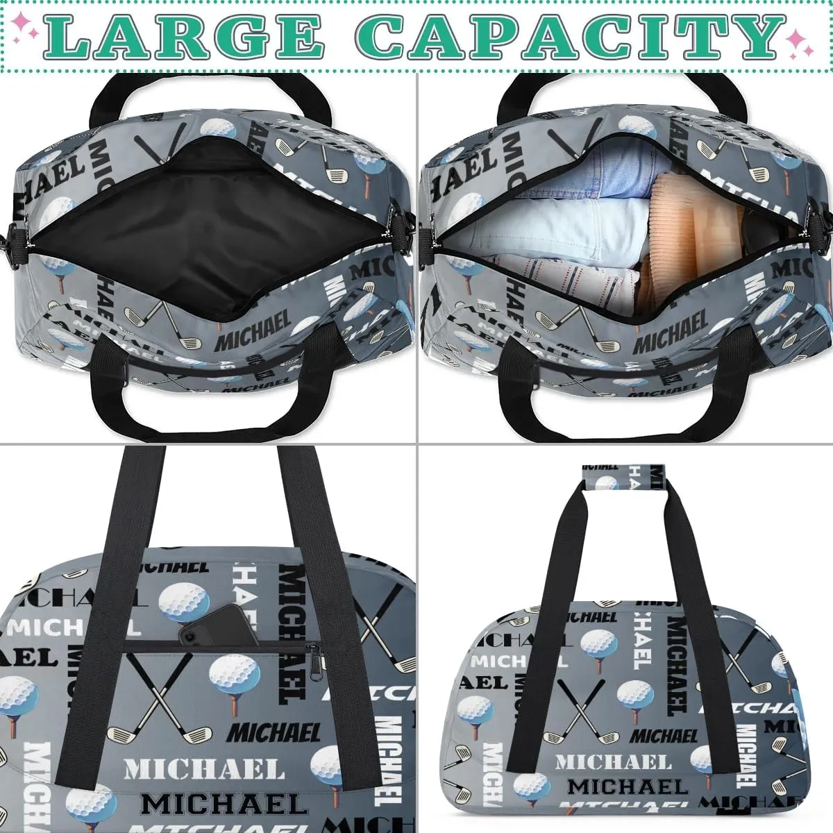Custom Golf Gym Bag Duffel Bag for Women Men, Personalized Name Sport Bag Overnight Bags Customized Travel Weekender Bag, Black Grey