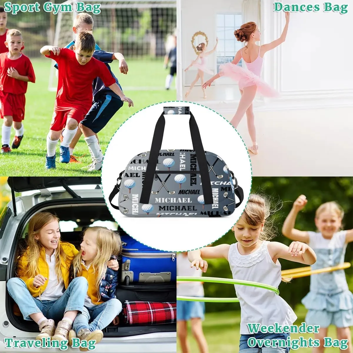 Custom Golf Gym Bag Duffel Bag for Women Men, Personalized Name Sport Bag Overnight Bags Customized Travel Weekender Bag, Black Grey