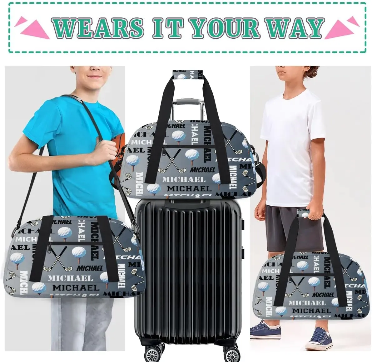 Custom Golf Gym Bag Duffel Bag for Women Men, Personalized Name Sport Bag Overnight Bags Customized Travel Weekender Bag, Black Grey
