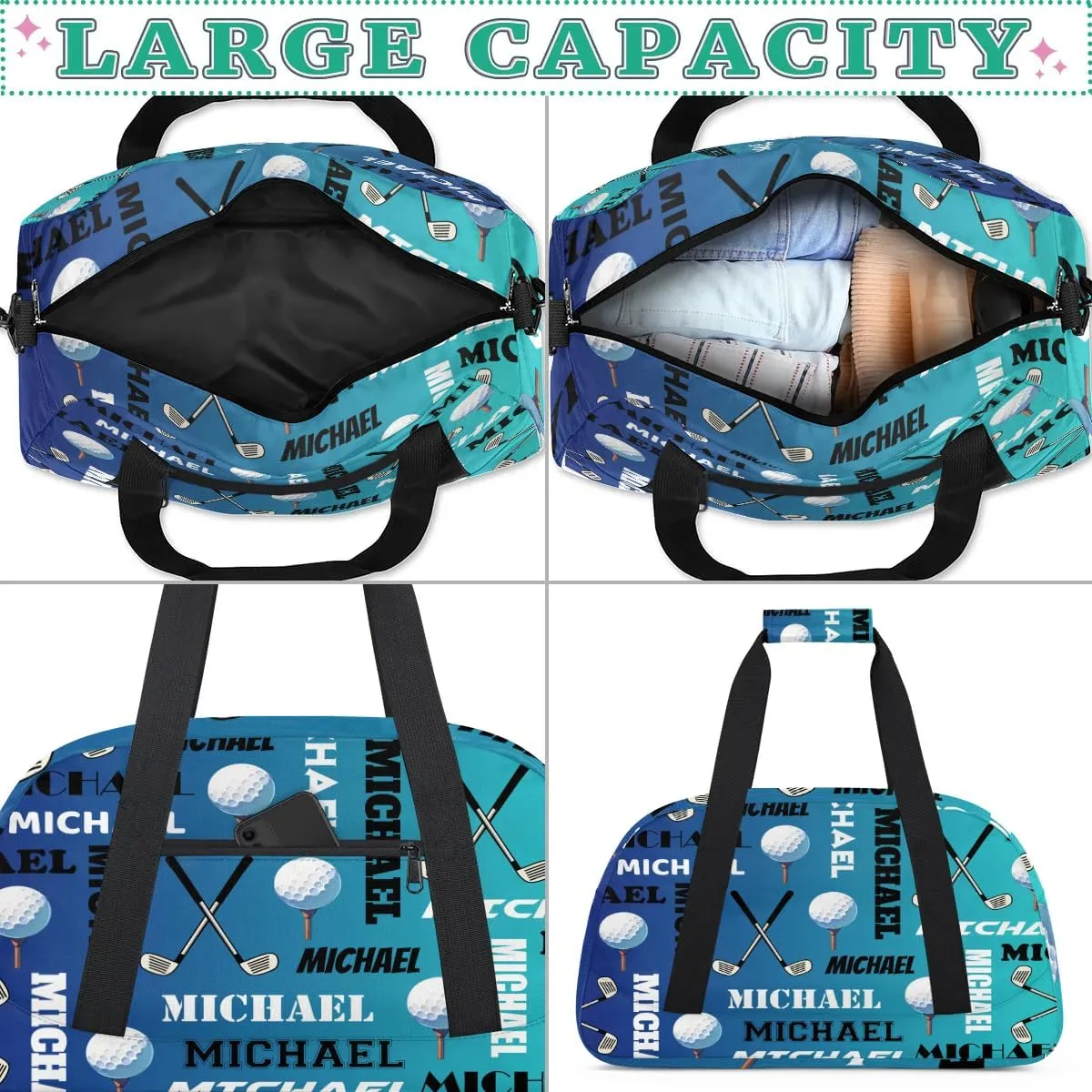 Custom Golf Gym Bag Duffel Bag for Women Men, Personalized Name Sport Bag Overnight Bags Customized Travel Weekender Bag, Blue