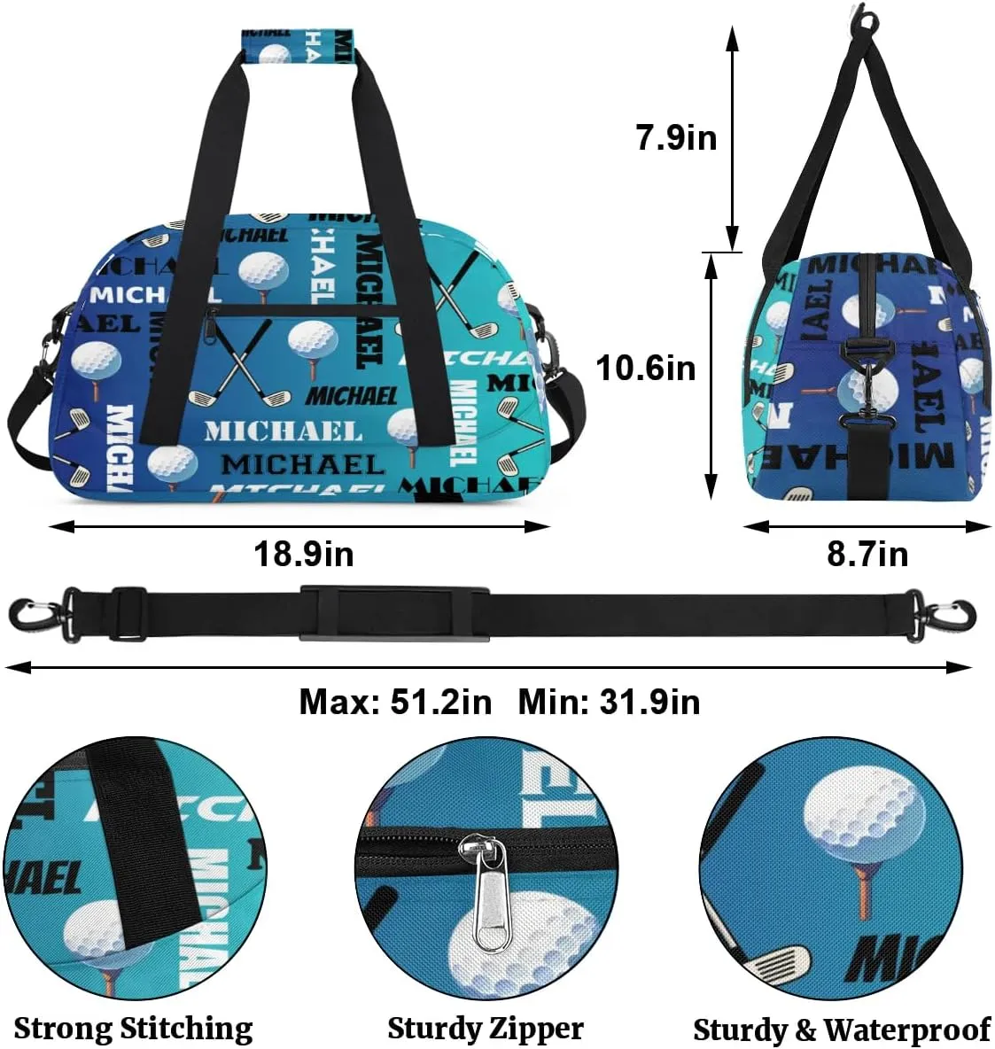 Custom Golf Gym Bag Duffel Bag for Women Men, Personalized Name Sport Bag Overnight Bags Customized Travel Weekender Bag, Blue