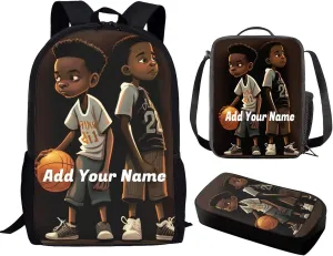 Custom Name African Boy Backpack with Lunch Box for Kids Basketball Personalized School Bags Lunchbag Pecnil Case Set 3 in 1,Primary Elementary American Book Bags 17inch Travel Back Pack