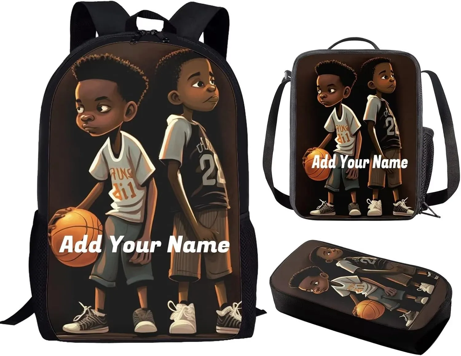 Custom Name African Boy Backpack with Lunch Box for Kids Basketball Personalized School Bags Lunchbag Pecnil Case Set 3 in 1,Primary Elementary American Book Bags 17inch Travel Back Pack