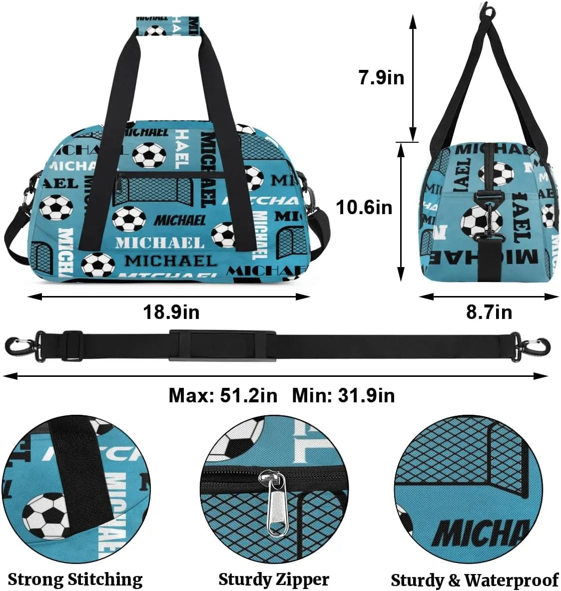 Custom Soccer Gym Duffel Bag with Name, Personalized Name Sport Bag Overnight Bags Custom Travel Weekender Bag for Women Men, Dark Blue